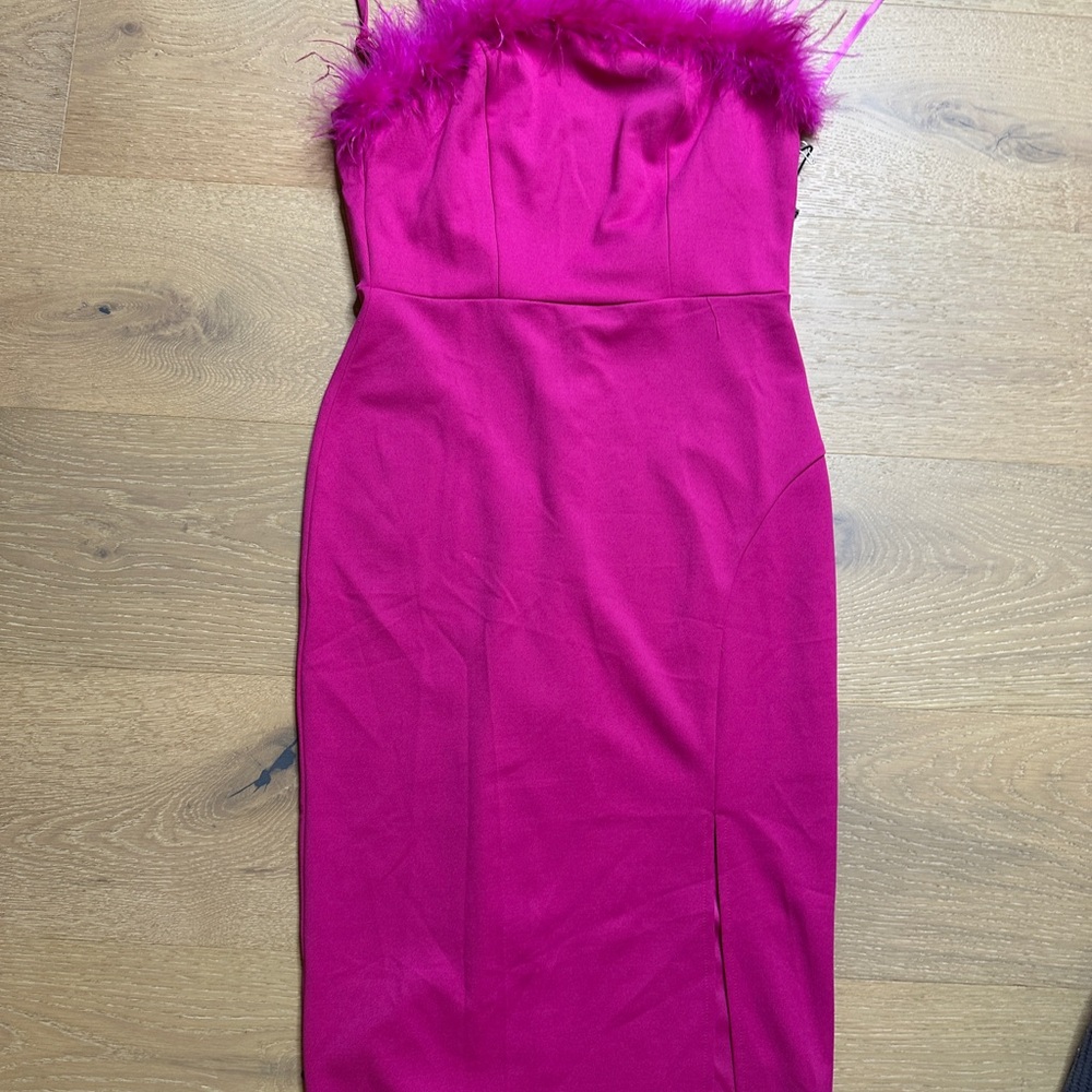 Strapless hot pink Dress with Feather Trim